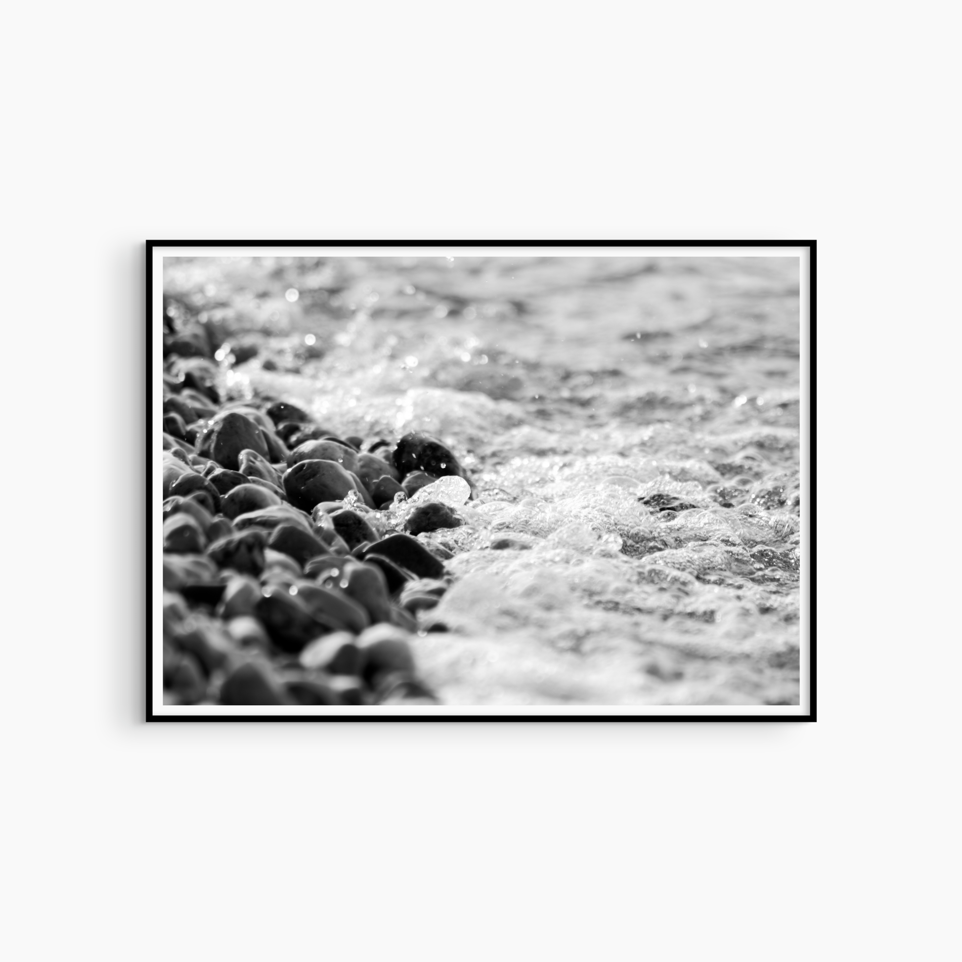 Minimalist pebble shore photography printable, black and white wet stone wall art, coastal texture print