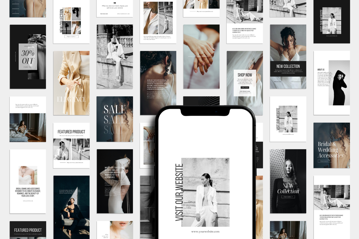 LUMIÈRE social media Canva templates. Black and white, minimal, editorial Instagram posts and stories for fashion brands, photographers, modern creatives, and style-focused brands.
