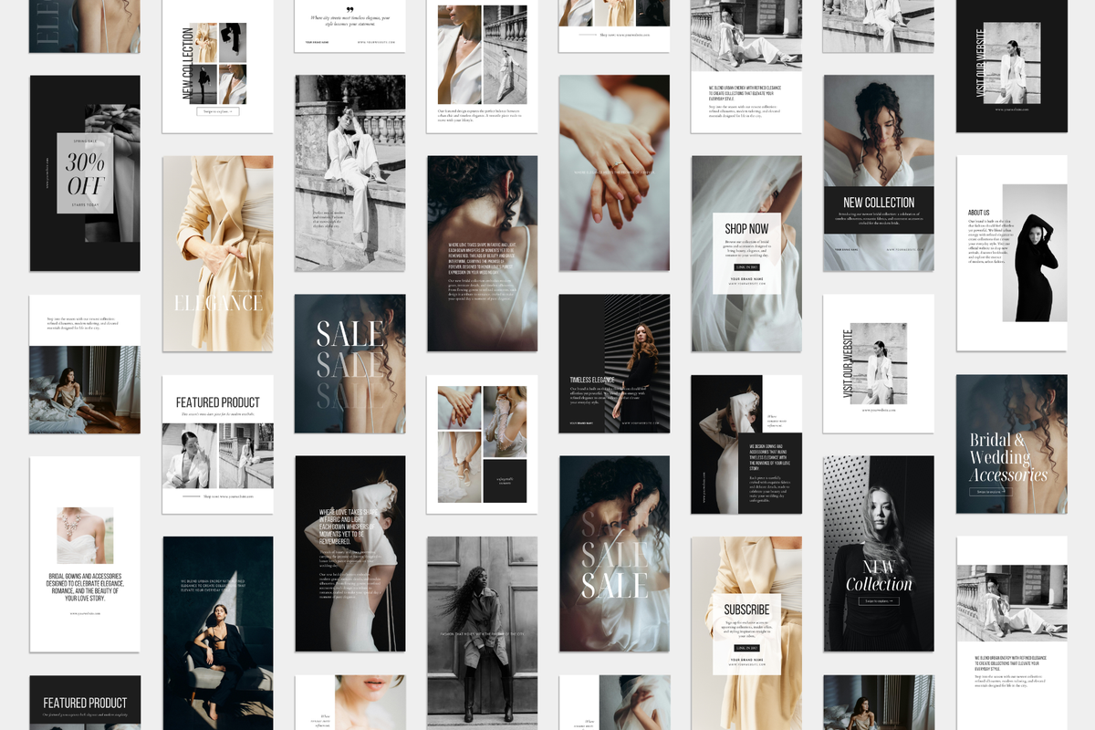 Black and white, minimal, editorial Instagram posts and stories for fashion brands, photographers, modern creatives, and style-focused brands. LUMIÈRE social media Canva templates. 