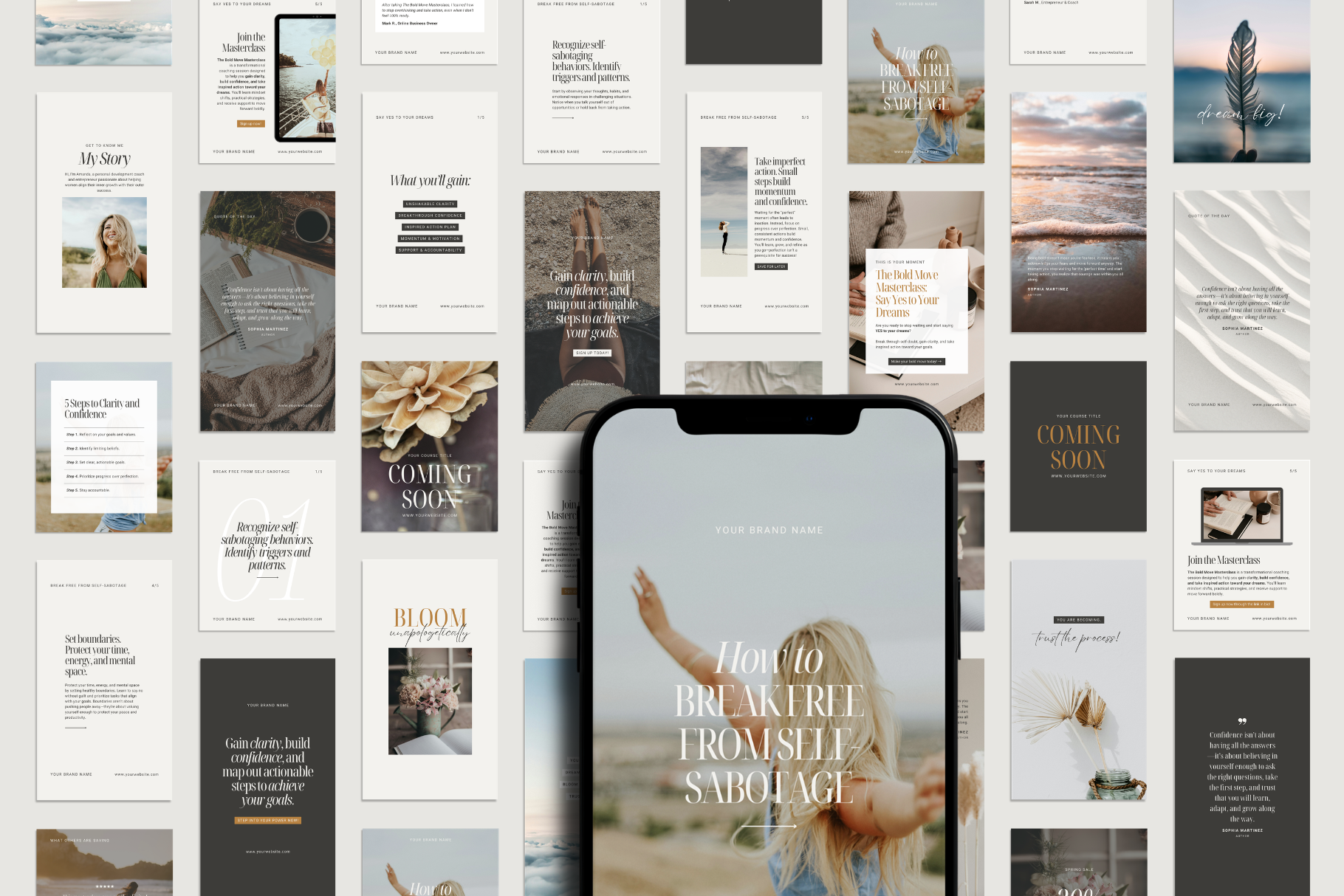 SOLENNE social media Canva templates. Feminine, neutral aesthetic, modern Instagram posts and stories for coaches, mentors, and course creators. Clean, chic, elegant design.