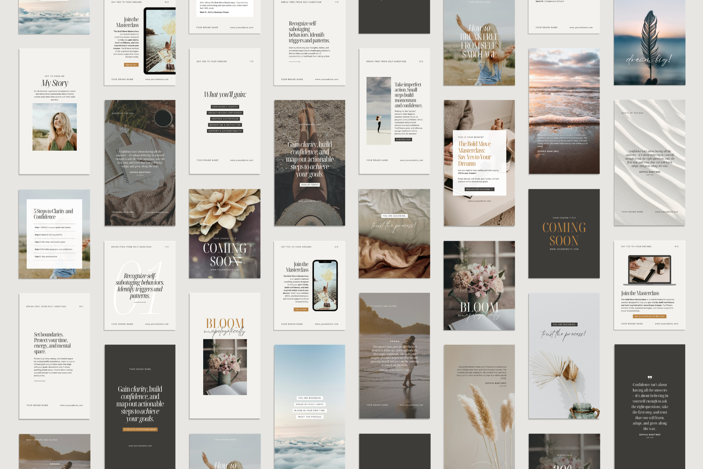 Feminine, neutral aesthetic, modern Instagram posts and stories for coaches, mentors, and course creators. SOLENNE social media Canva templates. Clean, chic, elegant design.