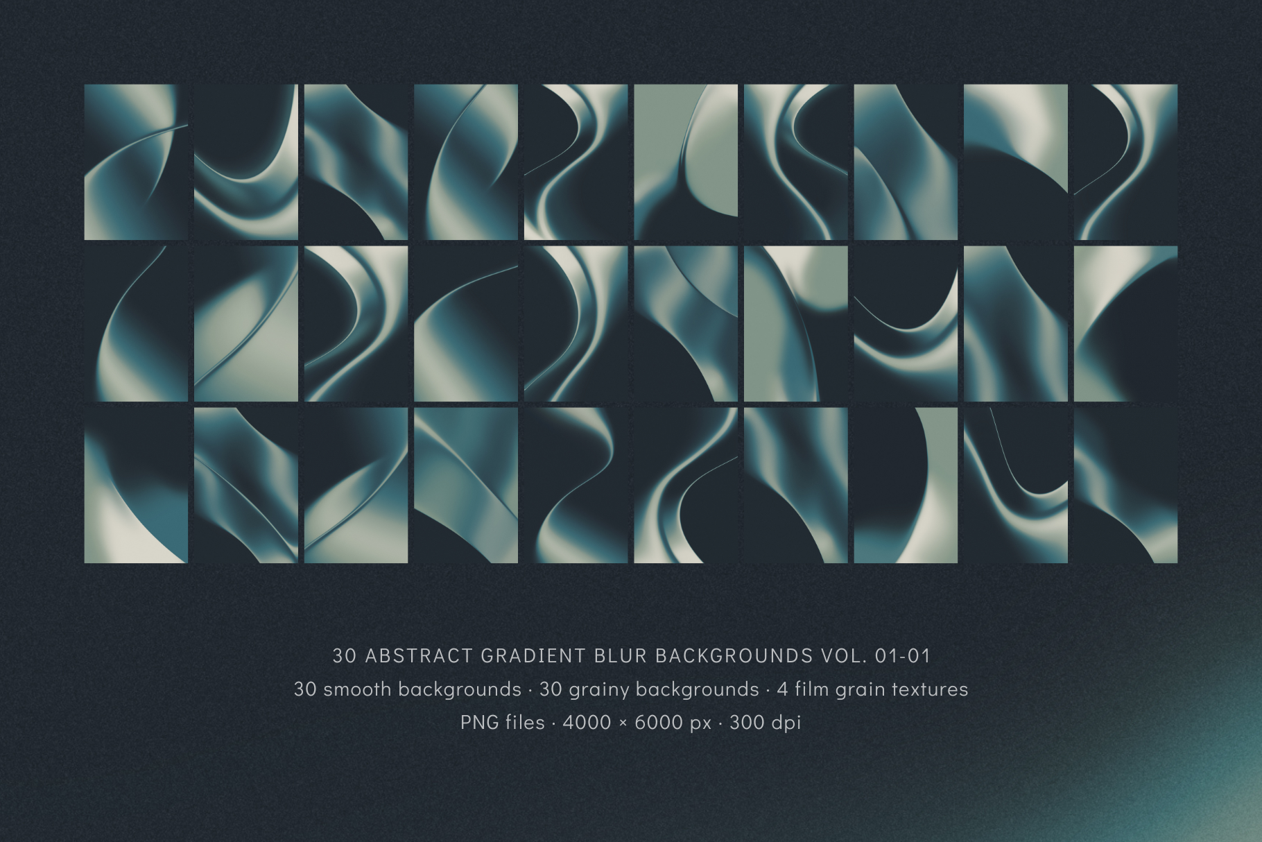 Modern abstract gradient blur backgrounds. Flowing, wavy designs in blue, teal, and muted green.