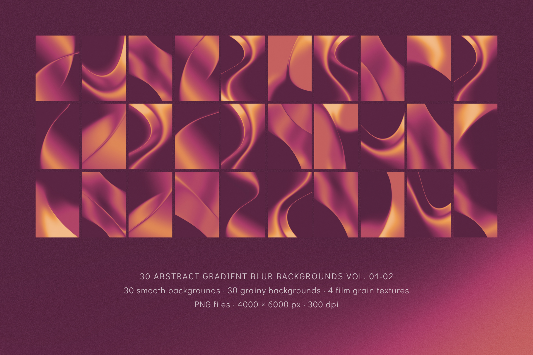 Modern abstract gradient blur backgrounds. Flowing, wavy designs in magenta, pink, rose, and orange.