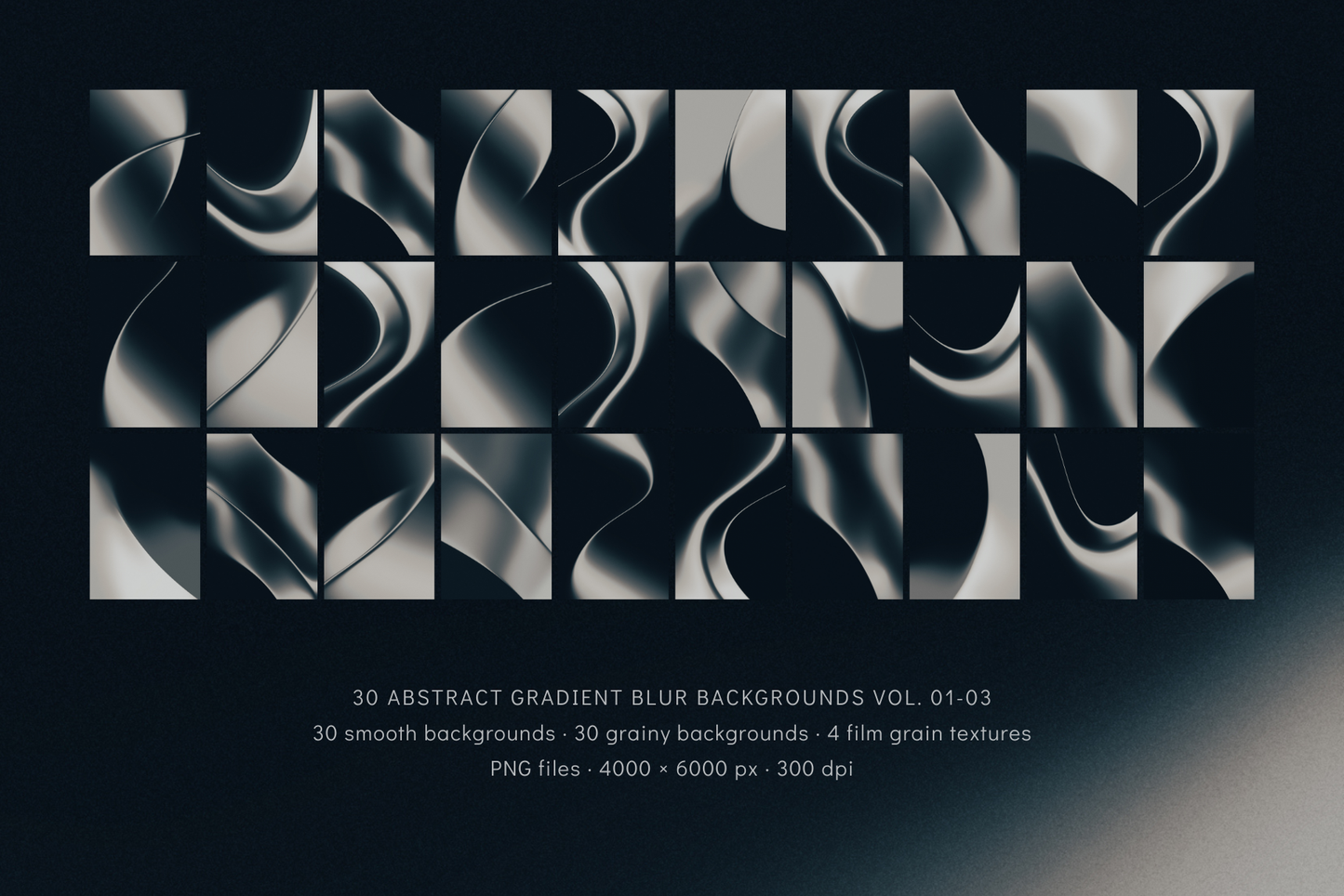 30 cool metallic gradient blur backgrounds with flowing, wavy designs.