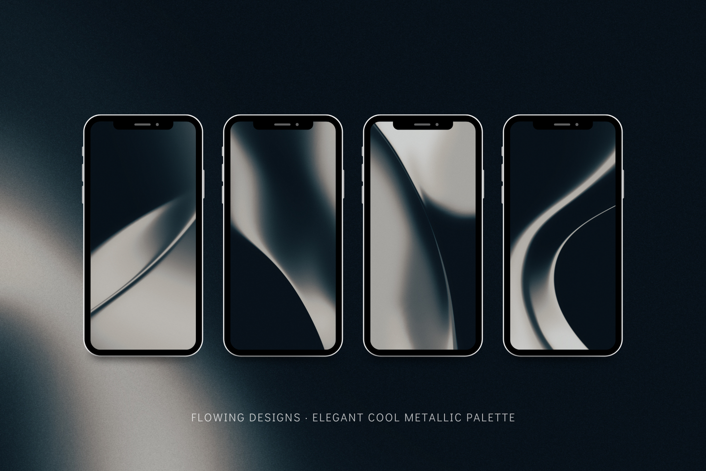 30 cool metallic gradient blur backgrounds with flowing, wavy designs. Four smartphones with a metallic design on a dark gradient background.