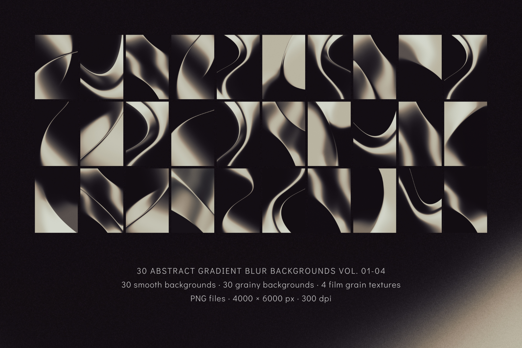 30 warm metallic gradient blur backgrounds with flowing, wavy designs in champagne, bronze, soft gold, and luminous neutral tones.