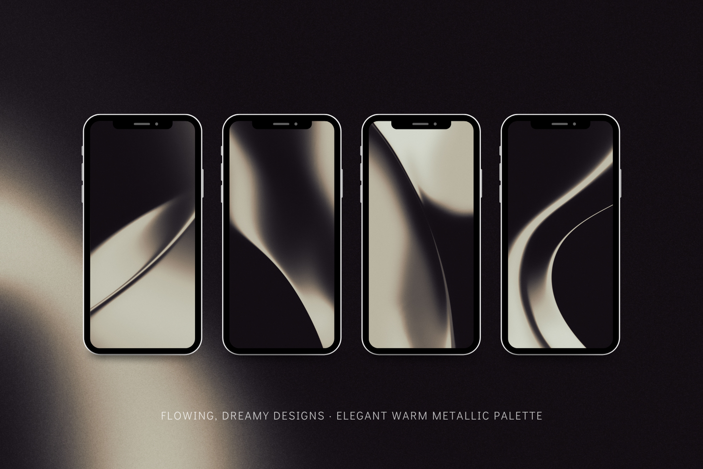 30 warm metallic gradient blur backgrounds with flowing, wavy designs in champagne, bronze, soft gold, and luminous neutral tones. Four smartphone screens displaying a metallic design on a dark background.