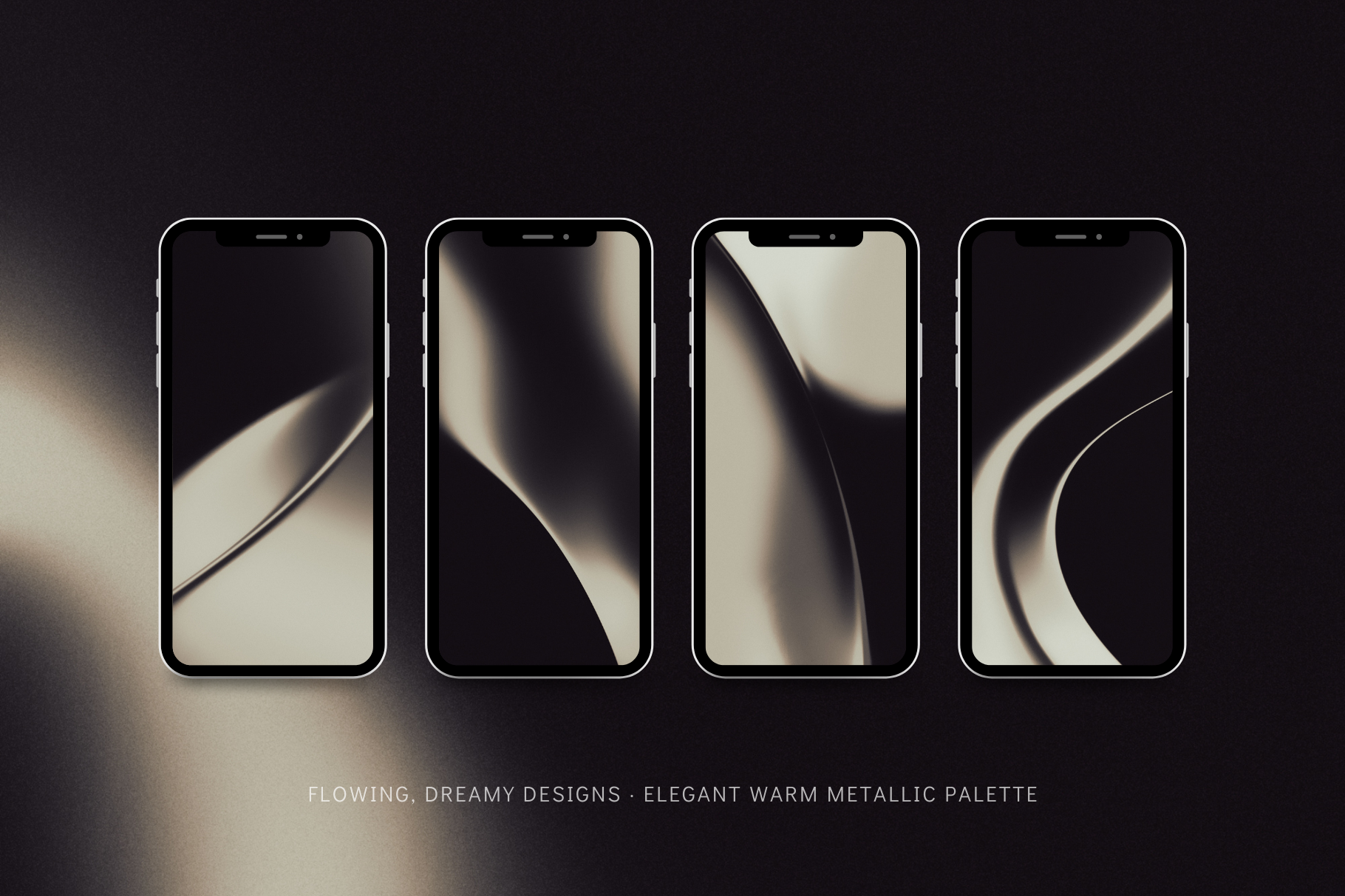30 warm metallic gradient blur backgrounds with flowing, wavy designs in champagne, bronze, soft gold, and luminous neutral tones. Four smartphone screens displaying a metallic design on a dark background.