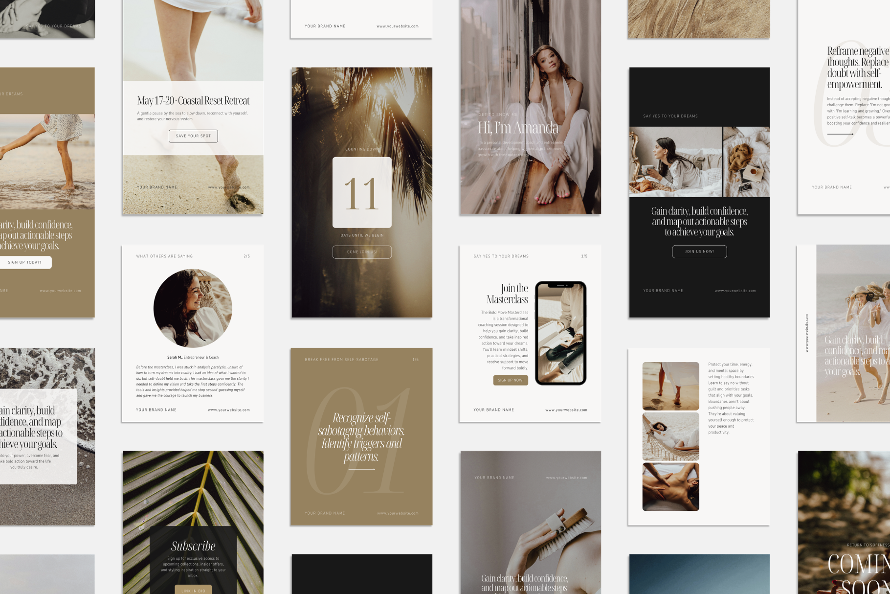 Modern feminine Canva templates for wellness coaches featuring clean, airy layouts, warm neutral tones, and refined editorial typography.