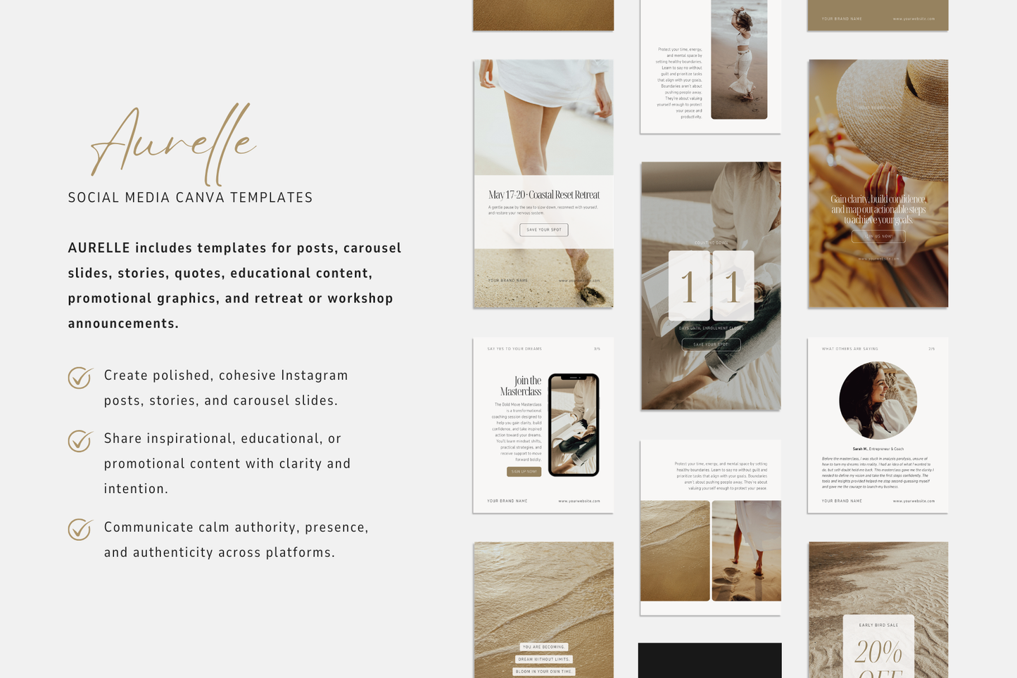 Wellness Instagram post and story templates with clean, minimal layouts, refined typography, and warm earthy color palette.