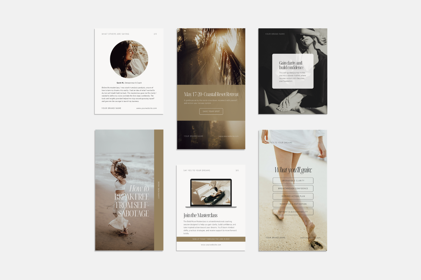 Feminine Instagram Canva templates for holistic practitioners, including quote posts, educational slides, and promotional story designs.