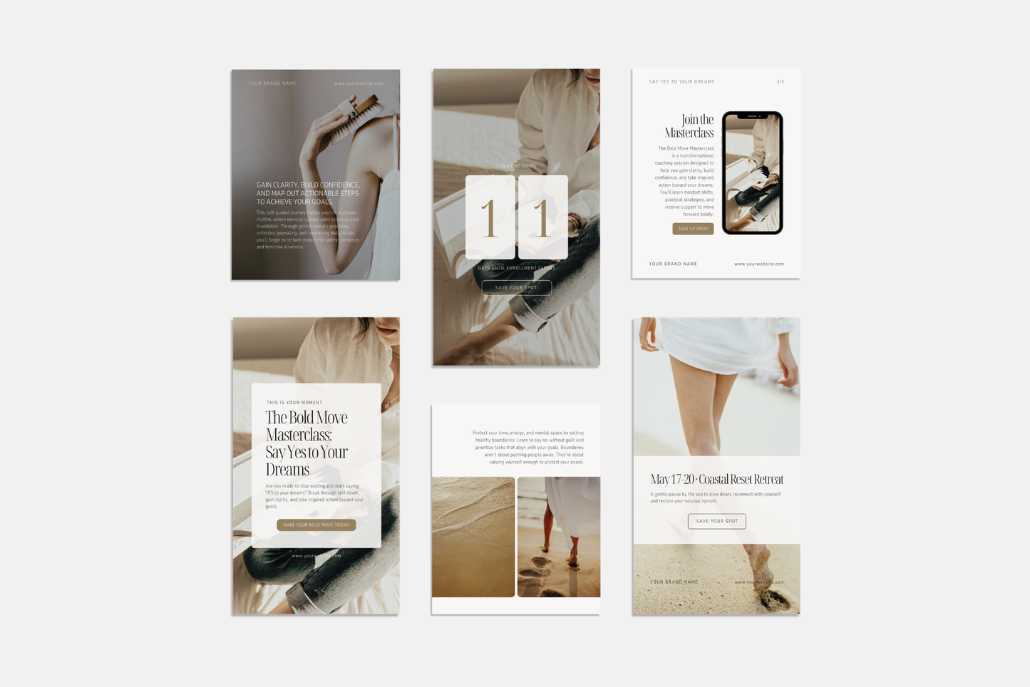 Modern wellness social media templates in neutral tones, designed for life coaches, mentors, holistic practitioners, and retreat facilitators.