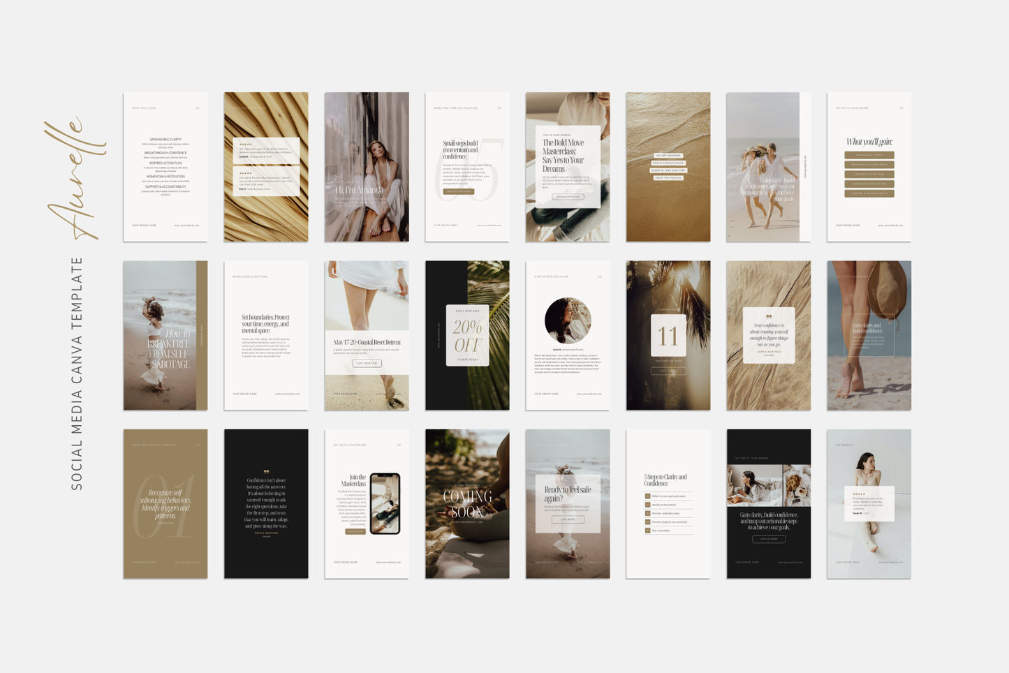 Instagram story Canva templates for retreat marketing and wellness brands with airy layouts, warm earthy tones, and elegant typography.