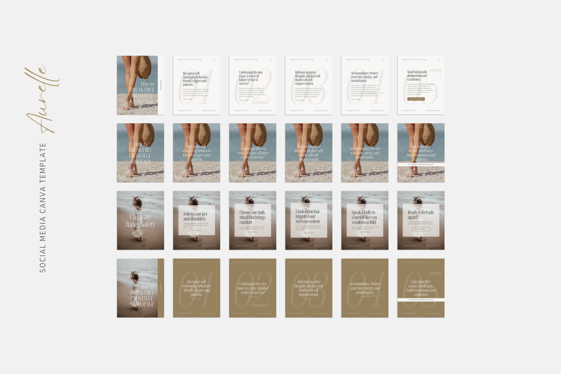 Instagram carousel Canva templates for coaches and practitioners featuring warm neutrals, soft muted gold, and magazine-inspired typography.