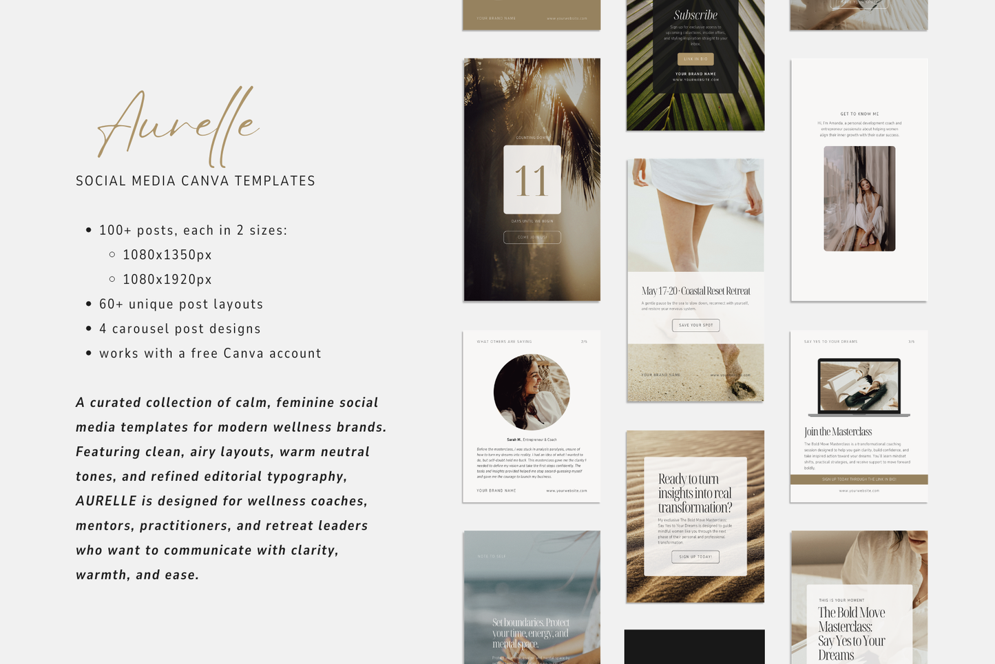 Editorial-style Instagram post and story templates for women-led wellness businesses with aesthetic layouts, neutral tones, and soft muted gold accents.