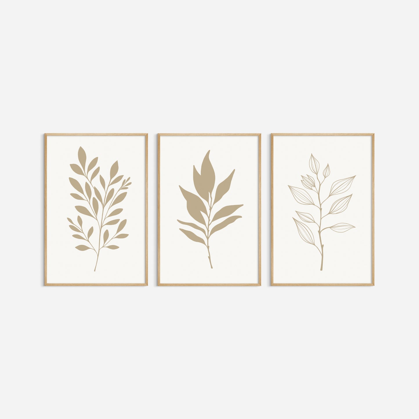 BOTANICAL WALL ART. NEUTRAL LEAF ART SET OF 3 PRINTS. Printable Wall Art Illustration.