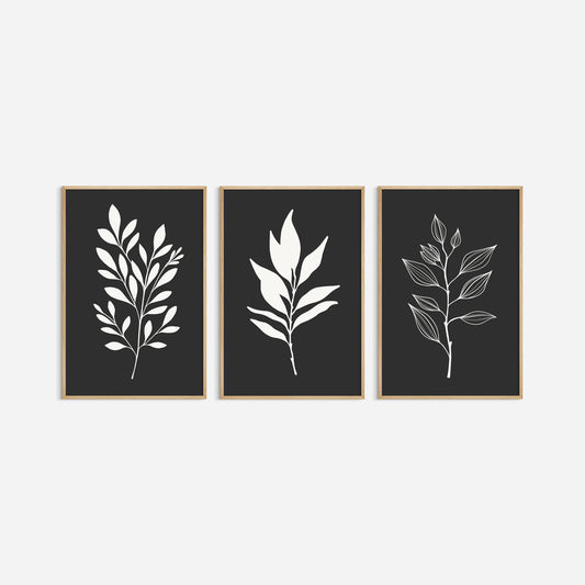 BOTANICAL WALL ART. NEUTRAL LEAF ART SET OF 3 PRINTS. Printable Wall Art Illustration.