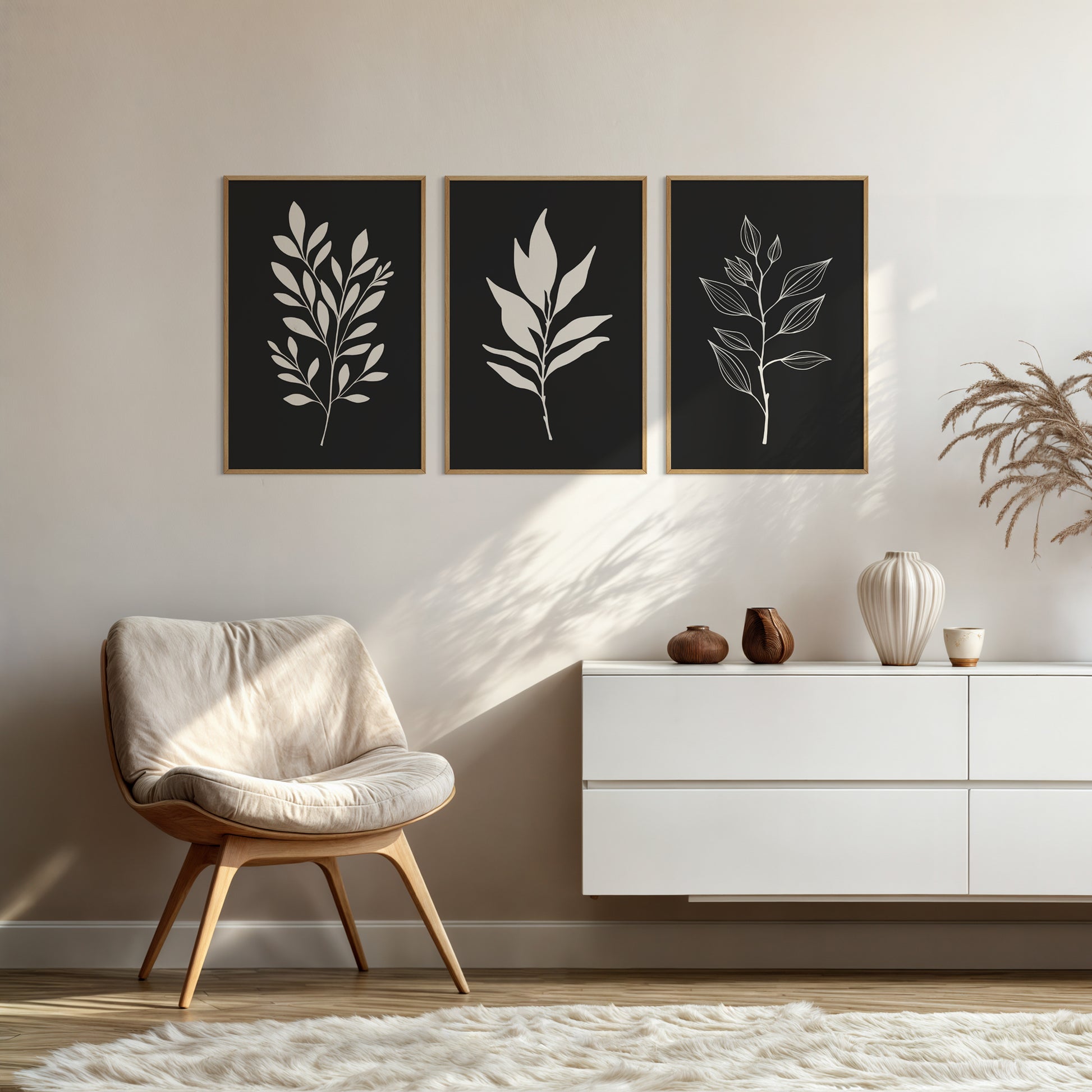 BOTANICAL WALL ART. NEUTRAL LEAF ART SET OF 3 PRINTS. Printable Wall Art Illustration.