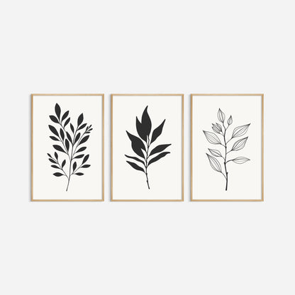 BOTANICAL WALL ART. NEUTRAL LEAF ART SET OF 3 PRINTS. Printable Wall Art Illustration.