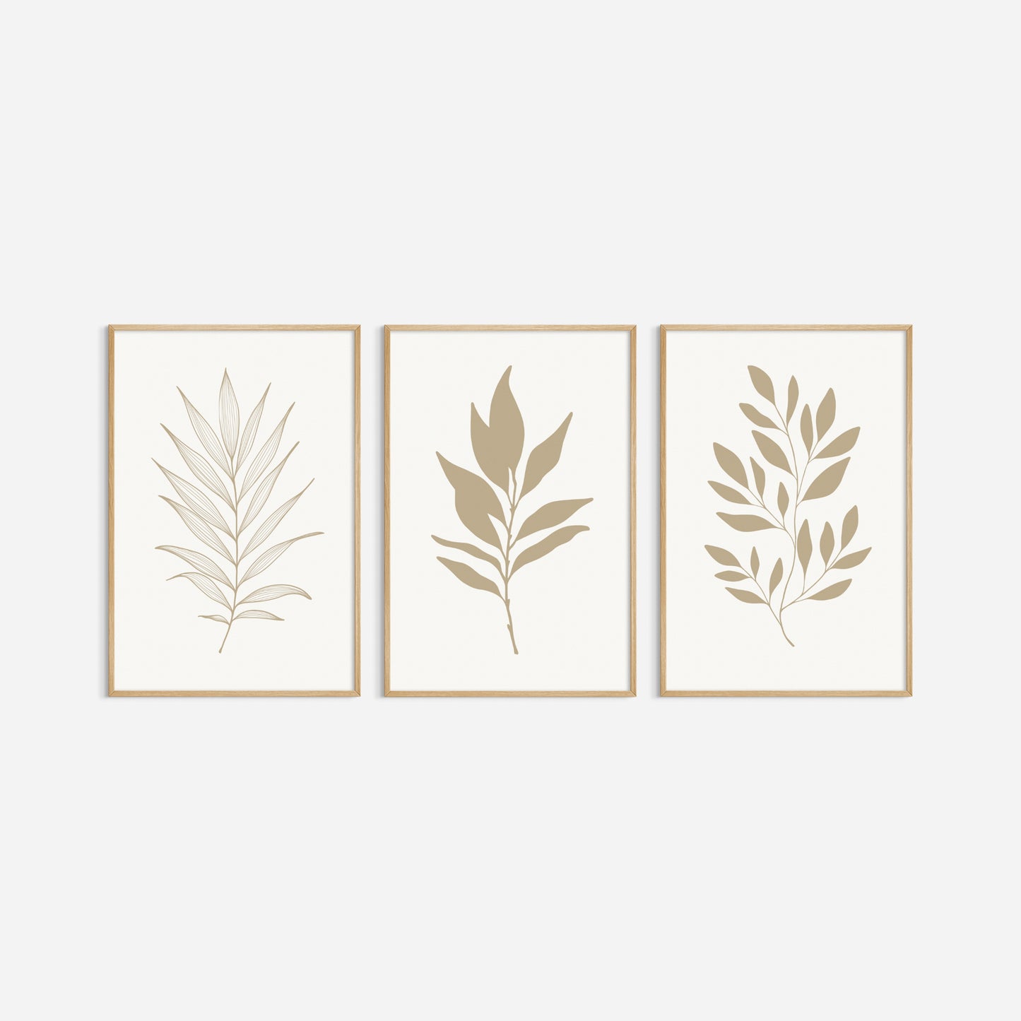 BOTANICAL WALL ART. NEUTRAL LEAF ART SET OF 3 PRINTS. Printable Wall Art Illustration.