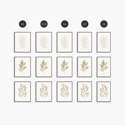 BOTANICAL WALL ART. NEUTRAL LEAF ART SET OF 3 PRINTS. Printable Wall Art Illustration.