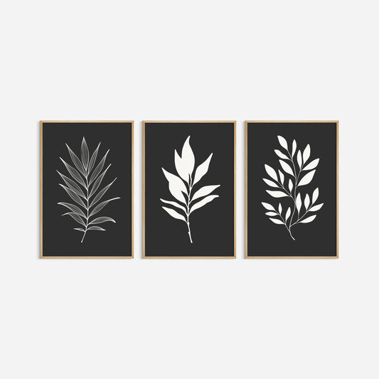 BOTANICAL WALL ART. NEUTRAL LEAF ART SET OF 3 PRINTS. Printable Wall Art Illustration.