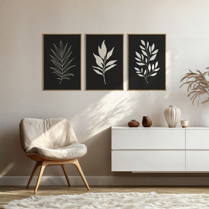 BOTANICAL WALL ART. NEUTRAL LEAF ART SET OF 3 PRINTS. Printable Wall Art Illustration.