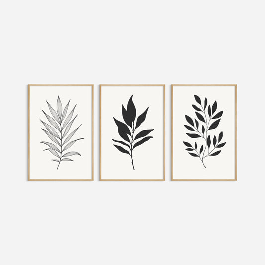 BOTANICAL WALL ART. NEUTRAL LEAF ART SET OF 3 PRINTS. Printable Wall Art Illustration.