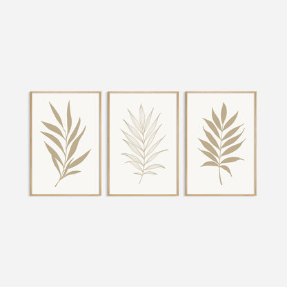 BOTANICAL WALL ART. NEUTRAL TROPICAL LEAF ART SET OF 3 PRINTS. Printable Wall Art Illustration.