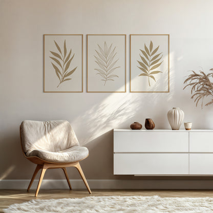 BOTANICAL WALL ART. NEUTRAL TROPICAL LEAF ART SET OF 3 PRINTS. Printable Wall Art Illustration.