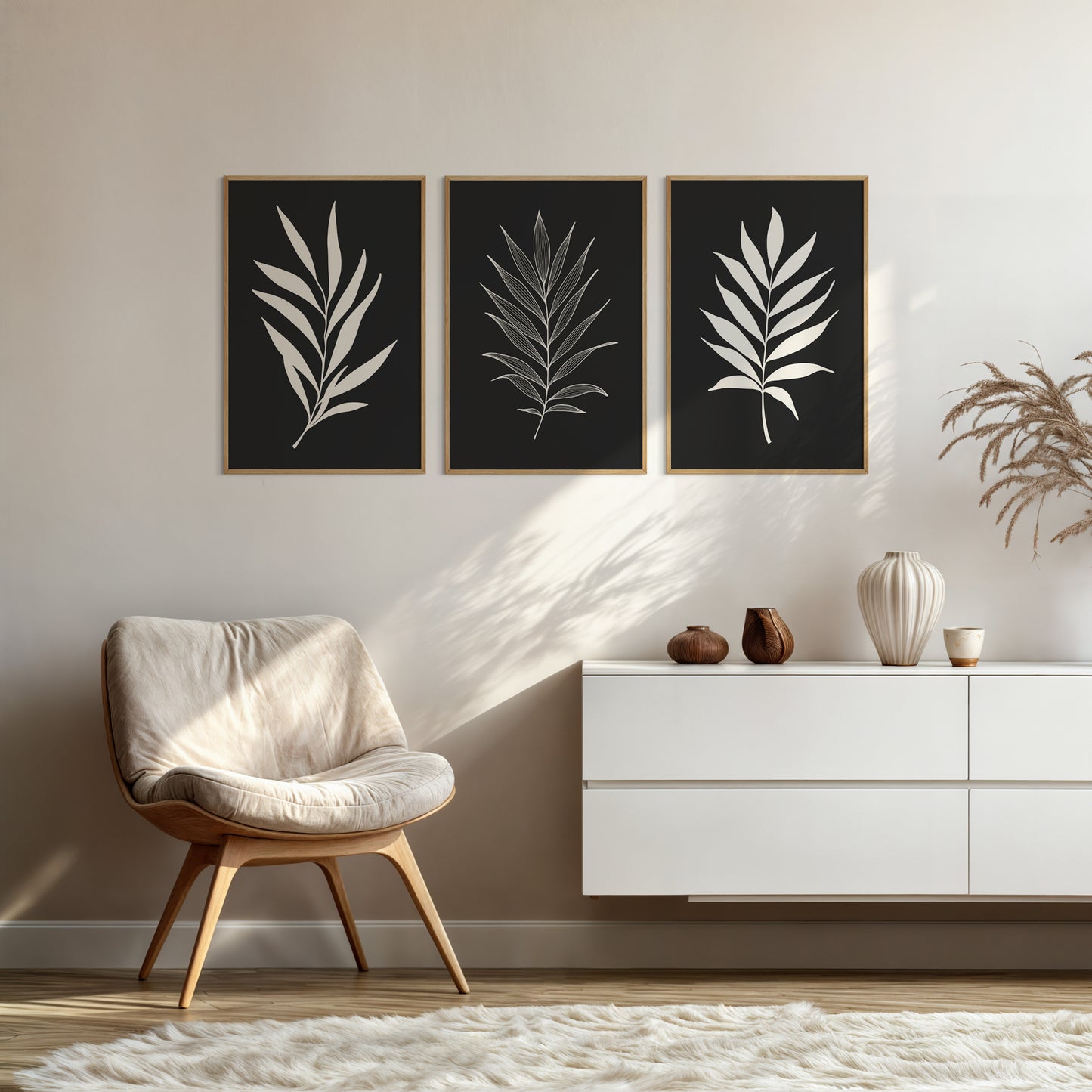 BOTANICAL WALL ART. NEUTRAL TROPICAL LEAF ART SET OF 3 PRINTS. Printable Wall Art Illustration.