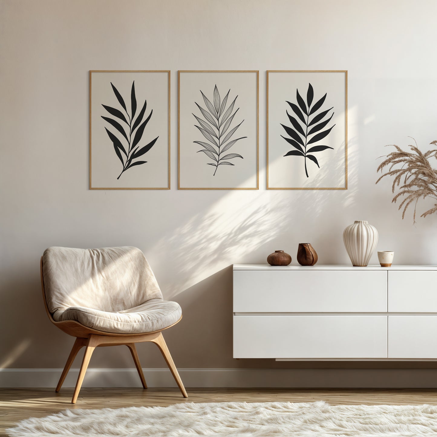 BOTANICAL WALL ART. NEUTRAL TROPICAL LEAF ART SET OF 3 PRINTS. Printable Wall Art Illustration.