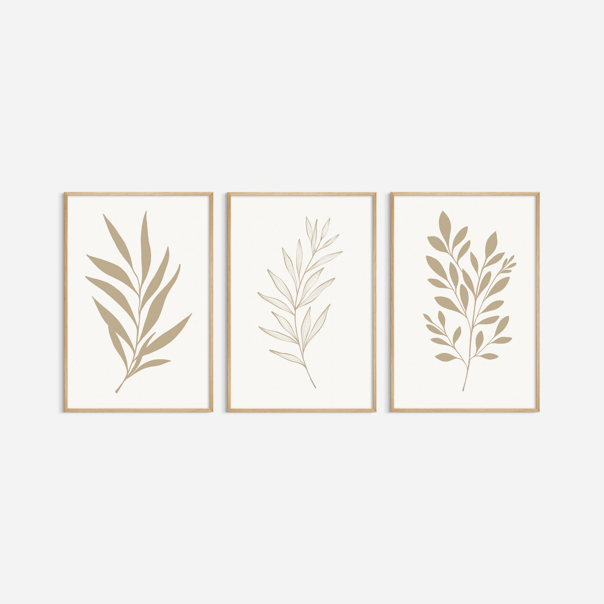 BOTANICAL WALL ART. NEUTRAL LEAF ART SET OF 3 PRINTS. Printable Wall Art Illustration.