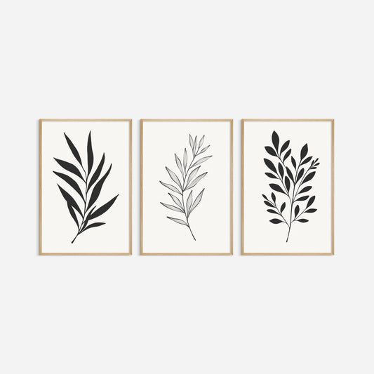 BOTANICAL WALL ART. NEUTRAL LEAF ART SET OF 3 PRINTS. Printable Wall Art Illustration.