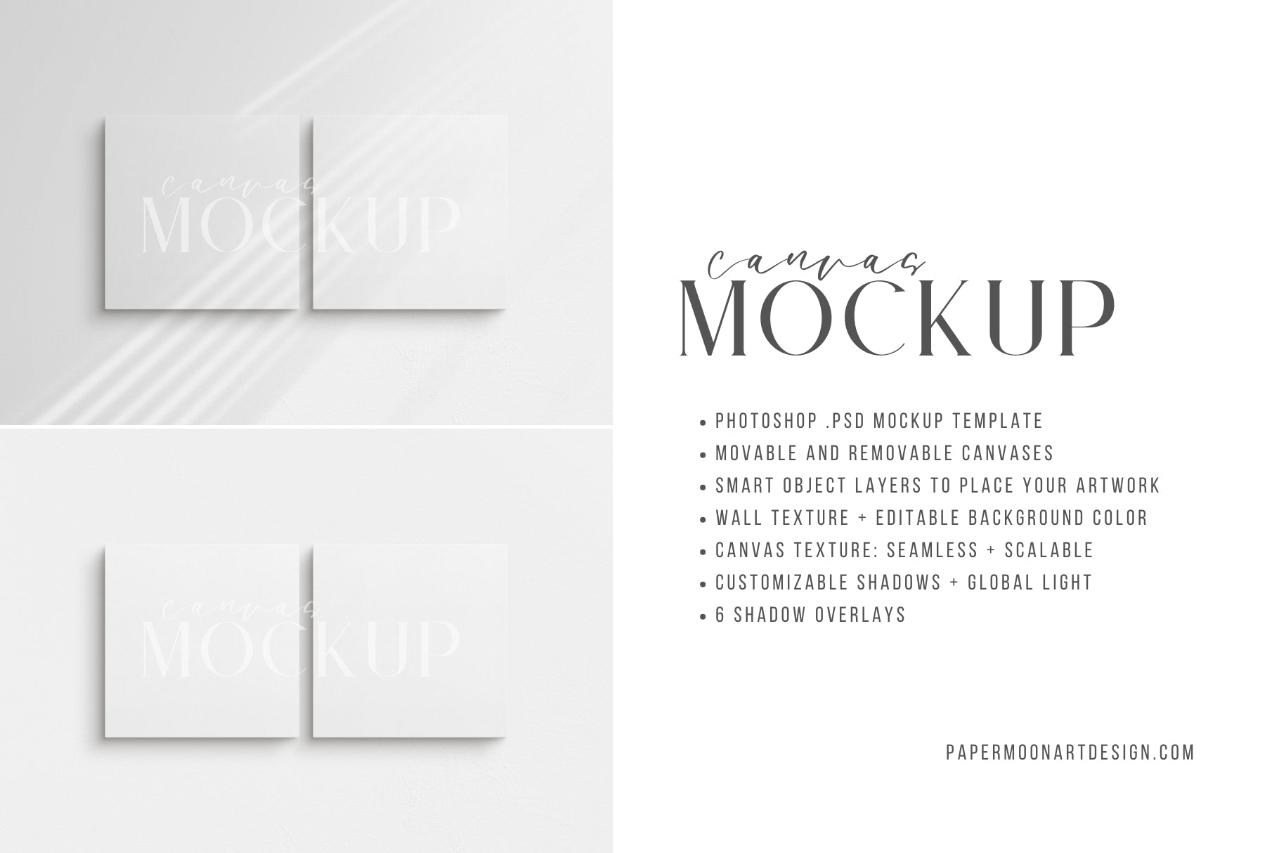 Canvas Mockup 1:1 Square Set of 2 Canvases | Unframed Art Canvas Mockup | Square Canvas PSD Mockup Template | Front View