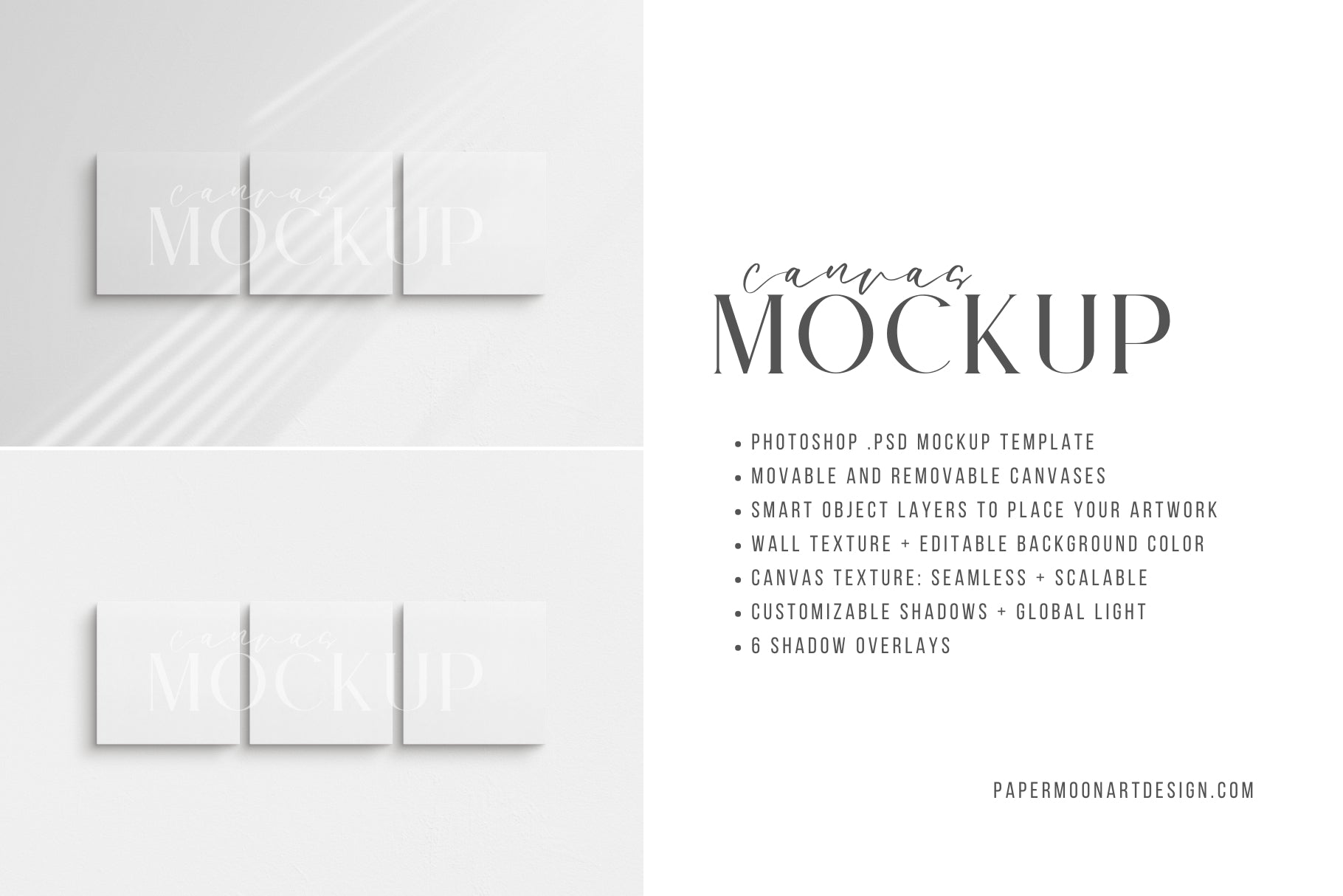 Canvas Mockup 1:1 Square Set of 3 Canvases | Unframed Art Canvas Mockup | Square Canvas PSD Mockup Template | Front View