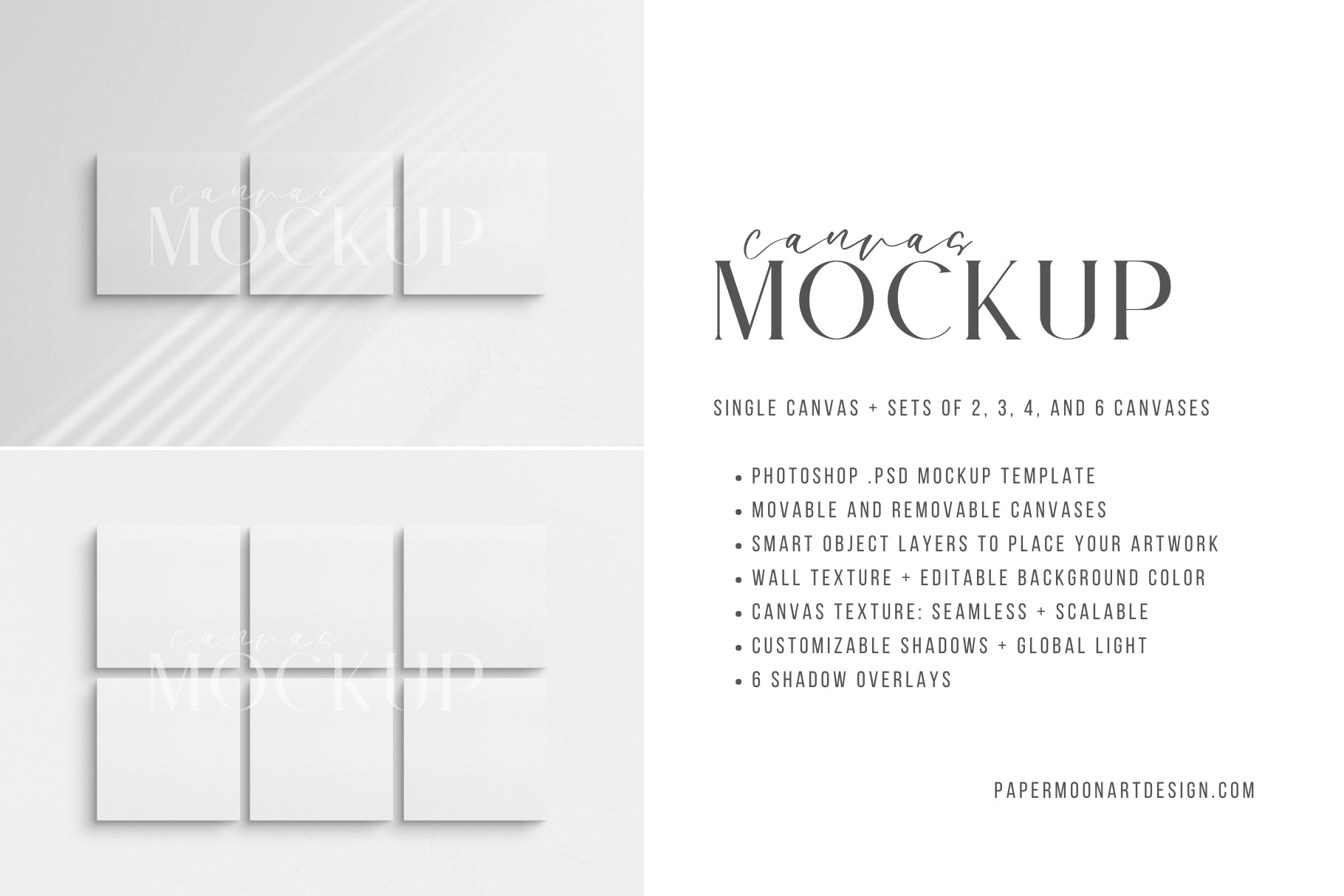 Canvas Mockup 1:1 Square Single + Sets of 2, 3, 4, 6 Canvases | Unframed Art Canvas Mockups | Square Canvas PSD Mockup Templates | Front View