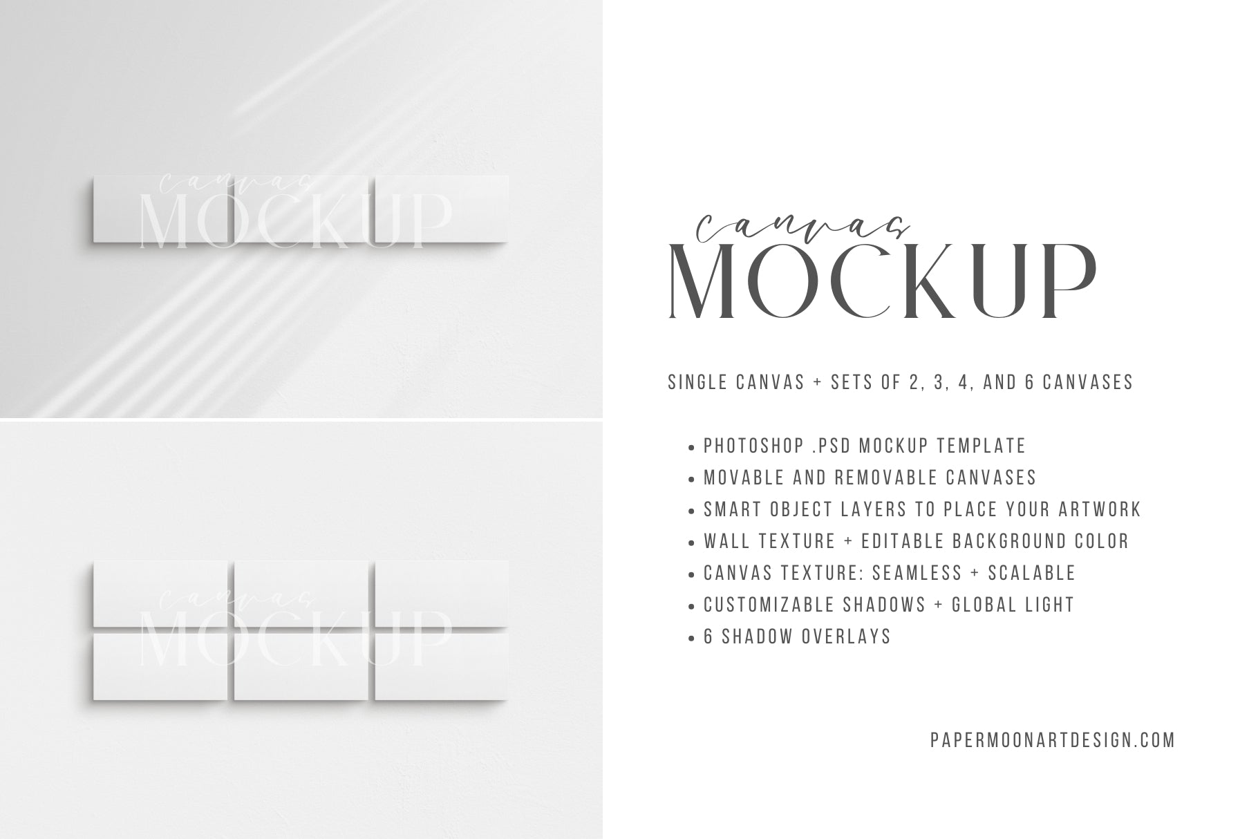 Canvas Mockup 2:1, 1:2 Landscape Single + Sets of 2, 3, 4, 6 Horizontal Canvases | Unframed Art Canvas Mockup | Horizontal Canvas Mockup Template PSD | Front View
