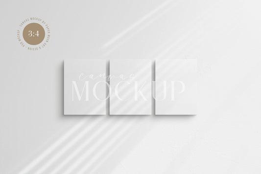 Canvas Mockup 3:4 Portrait Set of 3 Canvases | Unframed Art Canvas Mockup | Vertical Canvas Mockup Template PSD | Front View