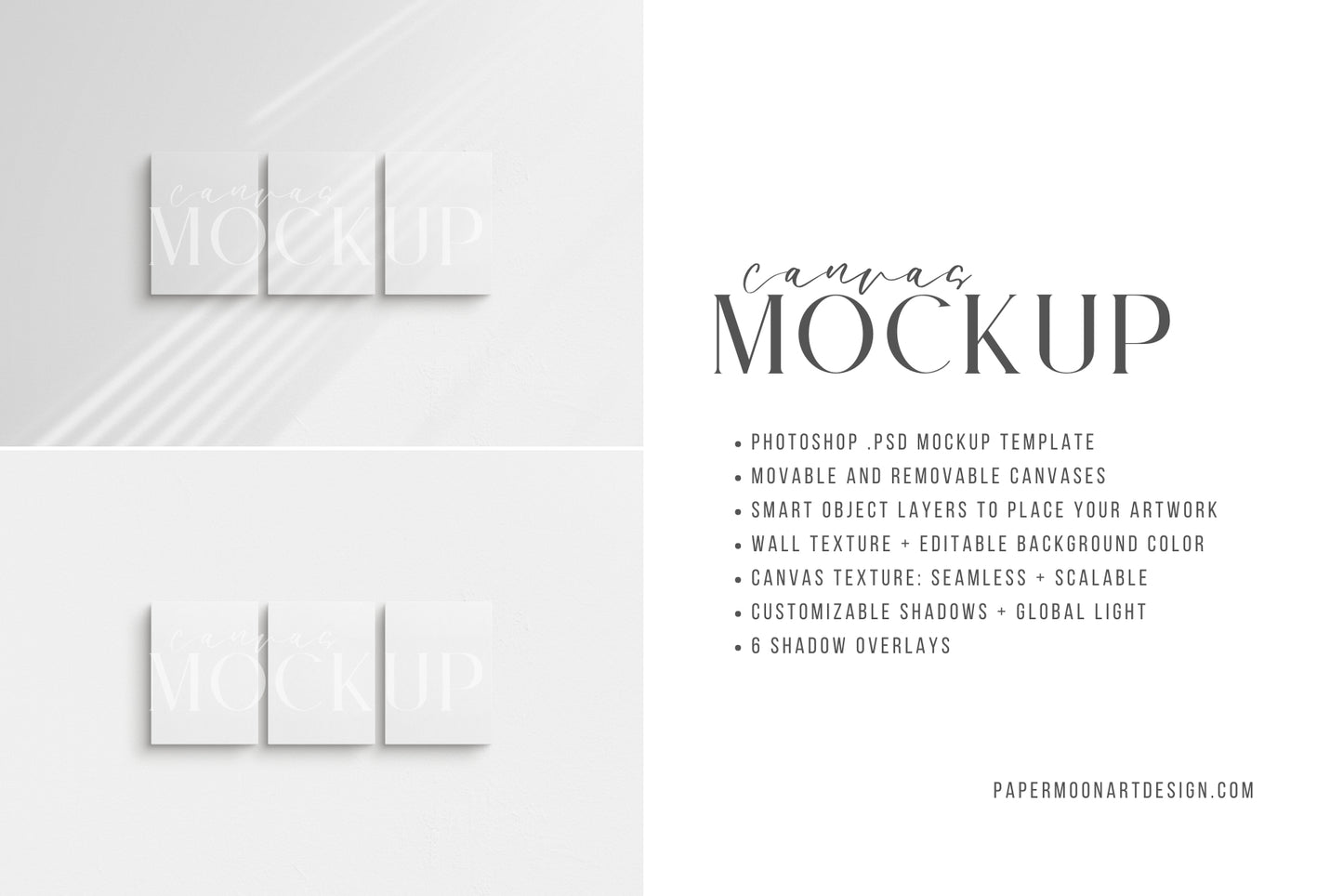 Canvas Mockup 3:4 Portrait Set of 3 Canvases | Unframed Art Canvas Mockup | Vertical Canvas Mockup Template PSD | Front View