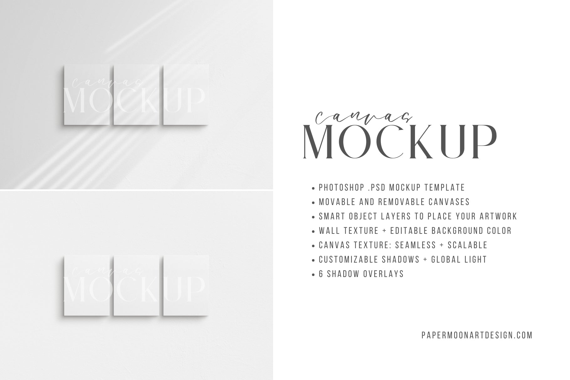 Canvas Mockup 3:4 Portrait Set of 3 Canvases | Unframed Art Canvas Mockup | Vertical Canvas Mockup Template PSD | Front View