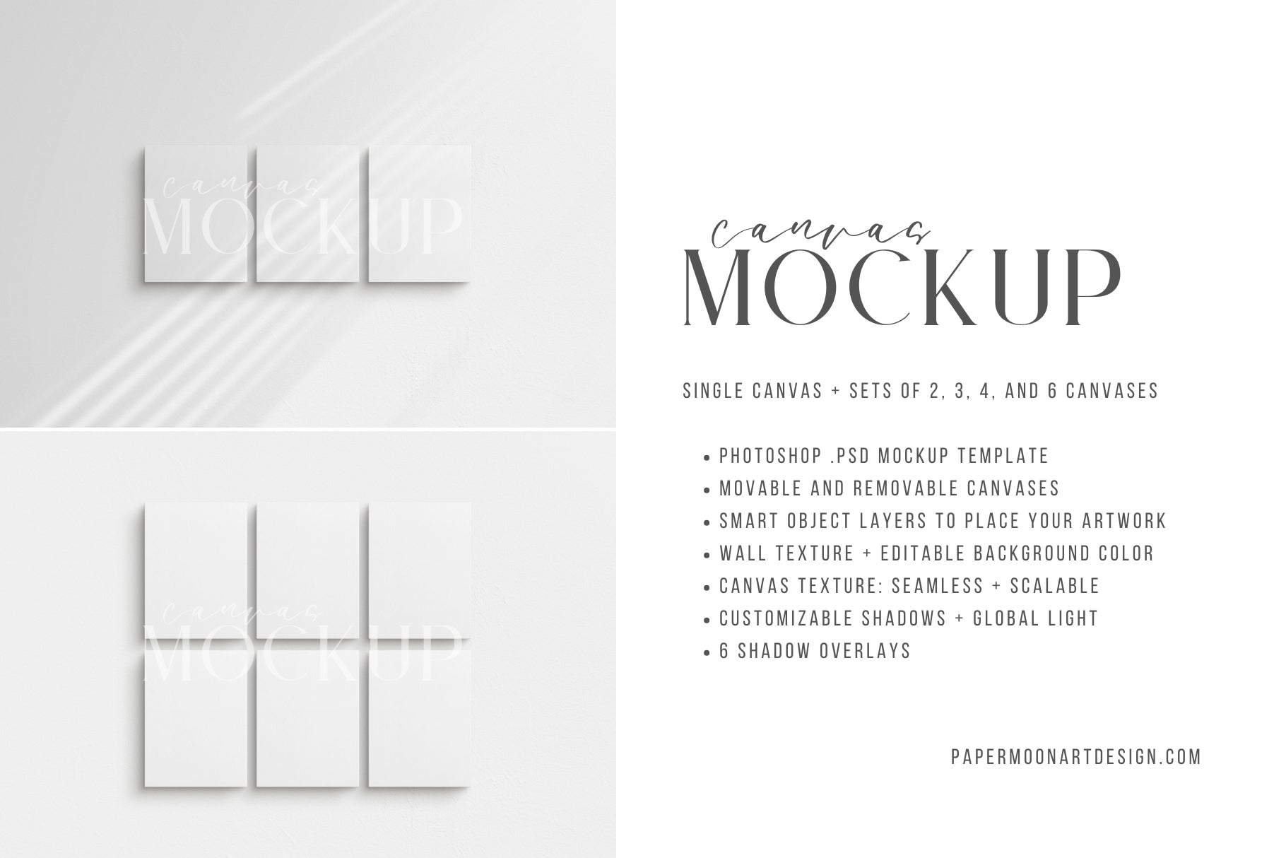 Canvas Mockup 3:4 Portrait Single + Sets of 2, 3, 4, 6 Vertical Canvases | Unframed Art Canvas Mockup | Vertical Canvas Mockup Template PSD | Front View