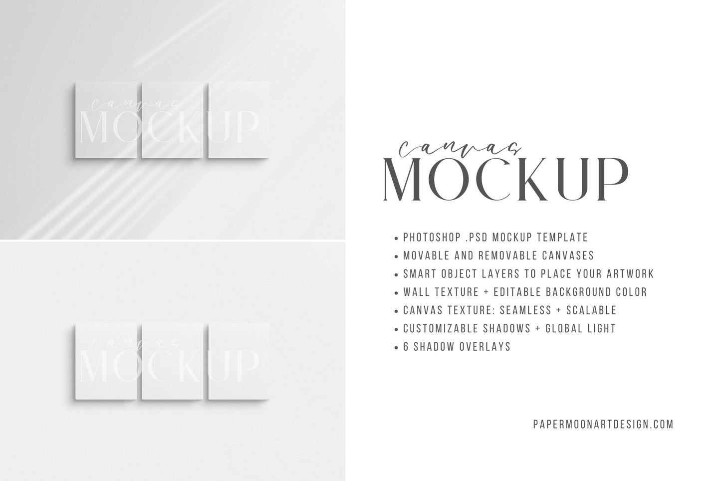 Canvas Mockup 4:5 Portrait Set of 3 Canvases | Unframed Art Canvas Mockup | Vertical Canvas Mockup Template PSD | Front View