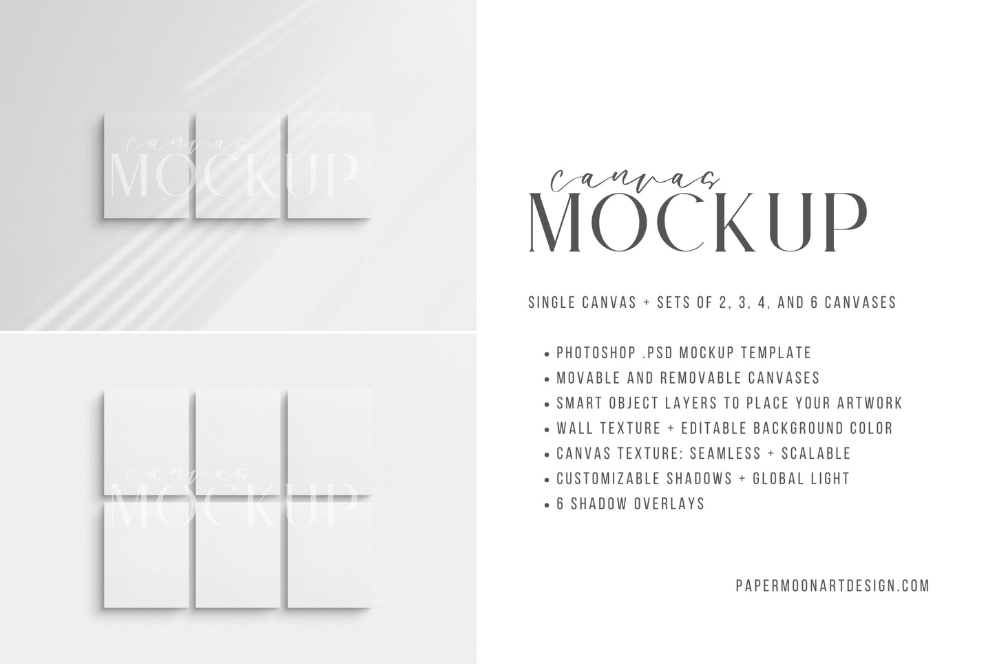 Canvas Mockup 4:5 Portrait Single + Sets of 2, 3, 4, 6 Vertical Canvases