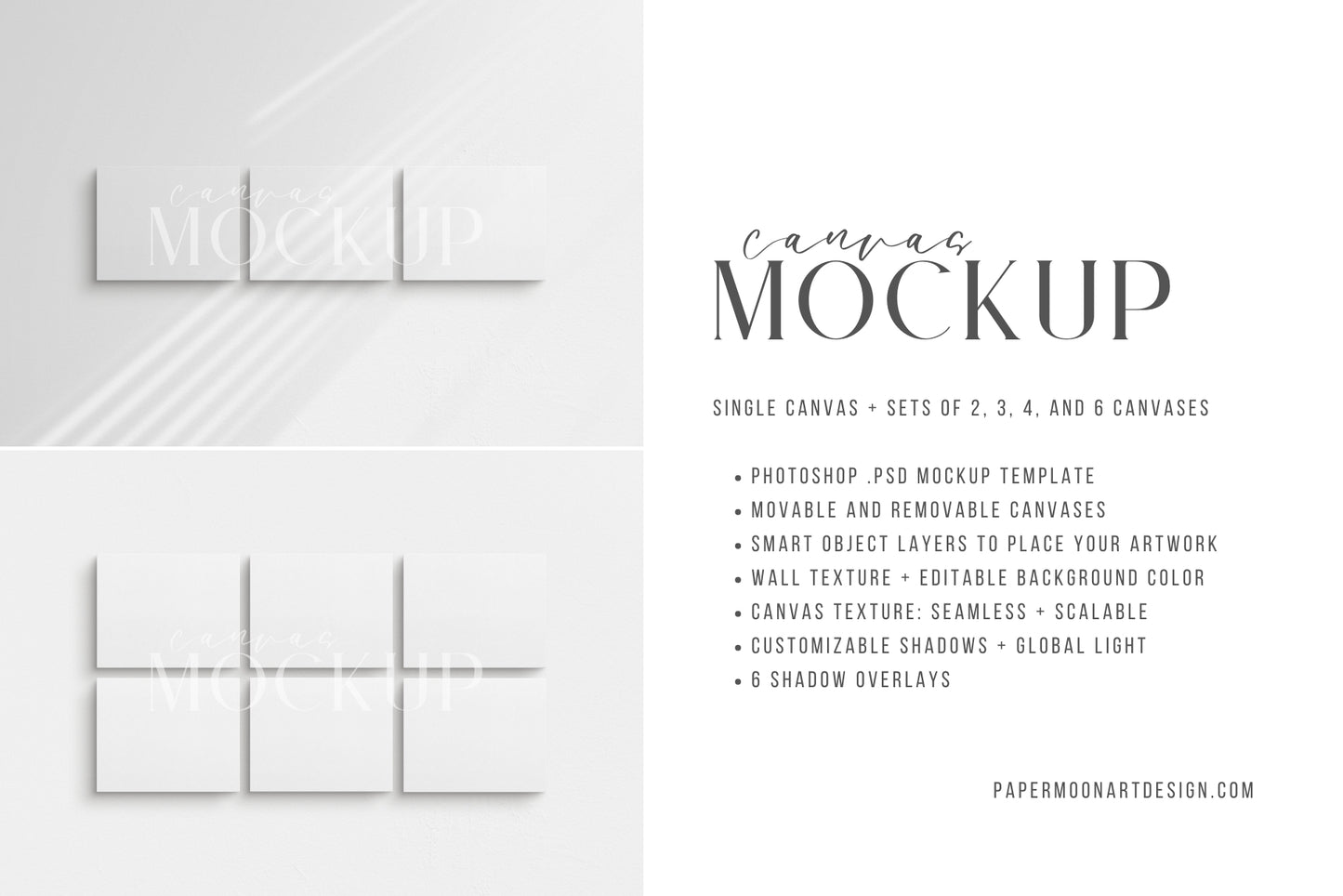 Canvas Mockup 5:4, 4:5 Landscape Single + Sets of 2, 3, 4, 6 Horizontal Canvases | Unframed Art Canvas Mockup | Horizontal Canvas Mockup Template PSD | Front View