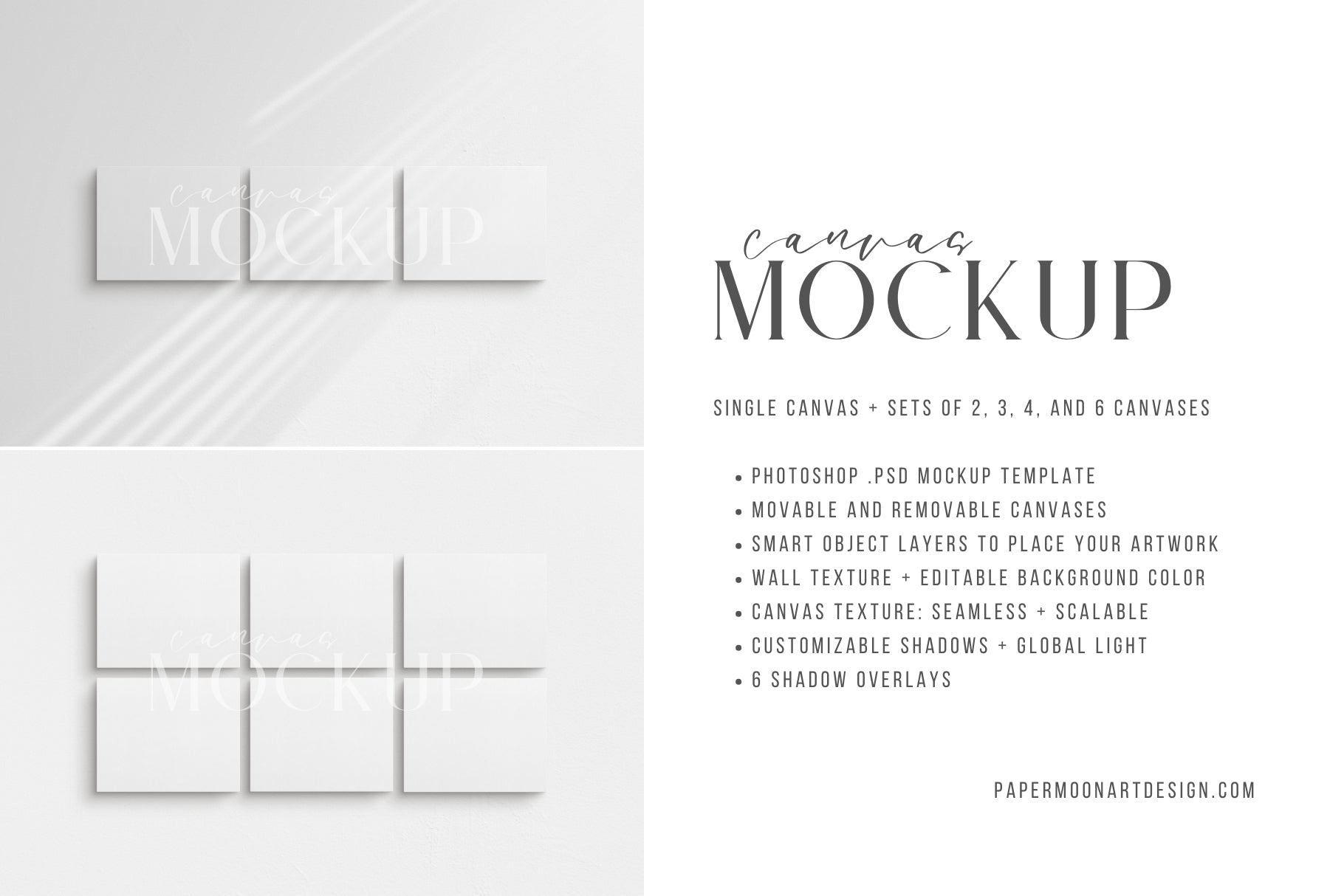 Canvas Mockup 5:4, 4:5 Landscape Single + Sets of 2, 3, 4, 6 Horizontal Canvases | Unframed Art Canvas Mockup | Horizontal Canvas Mockup Template PSD | Front View