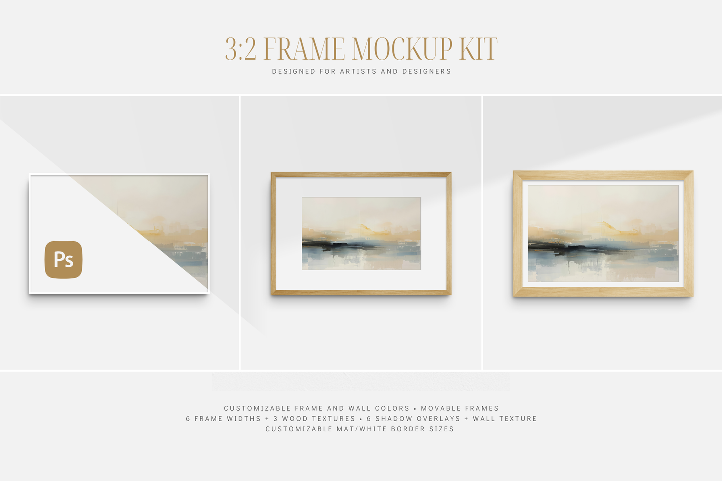 Frame mockup kit 3:2 2:3 landscape. Horizontal wooden frame wall art mockup set PSD. 3:2 frame mockup kit with passepartout (mat) options, shadow overlays, and customizable frame and wall colors.