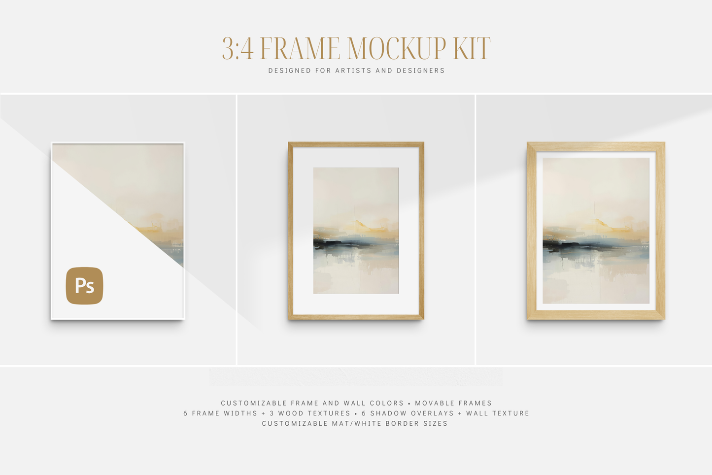 Frame mockup kit 3:4 portrait. Vertical wooden frame wall art mockup set PSD. 3:4 frame mockup kit with passepartout (mat) options, shadow overlays, and customizable frame and wall colors.