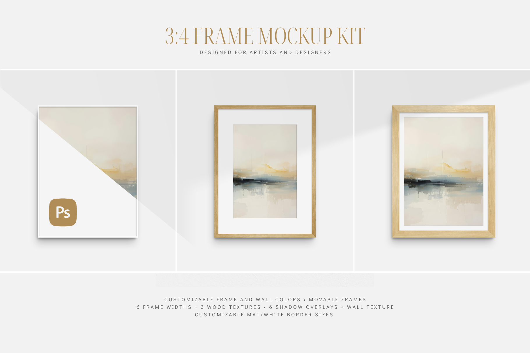 Frame mockup kit 3:4 portrait. Vertical wooden frame wall art mockup set PSD. 3:4 frame mockup kit with passepartout (mat) options, shadow overlays, and customizable frame and wall colors.