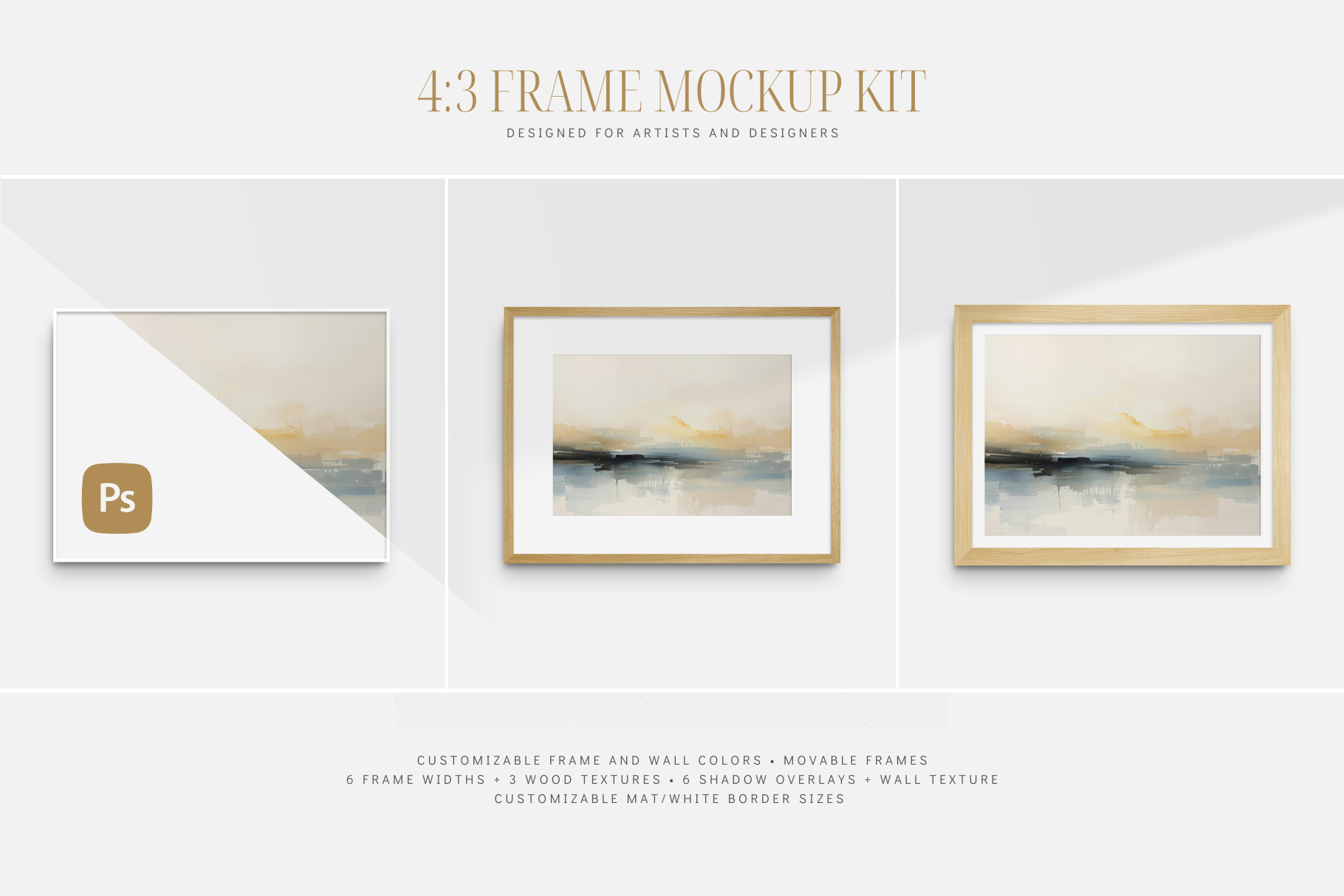 Frame mockup kit 4:3 3:4 landscape. Horizontal wooden frame wall art mockup set PSD. 4:3 frame mockup kit with passepartout (mat) options, shadow overlays, and customizable frame and wall colors.